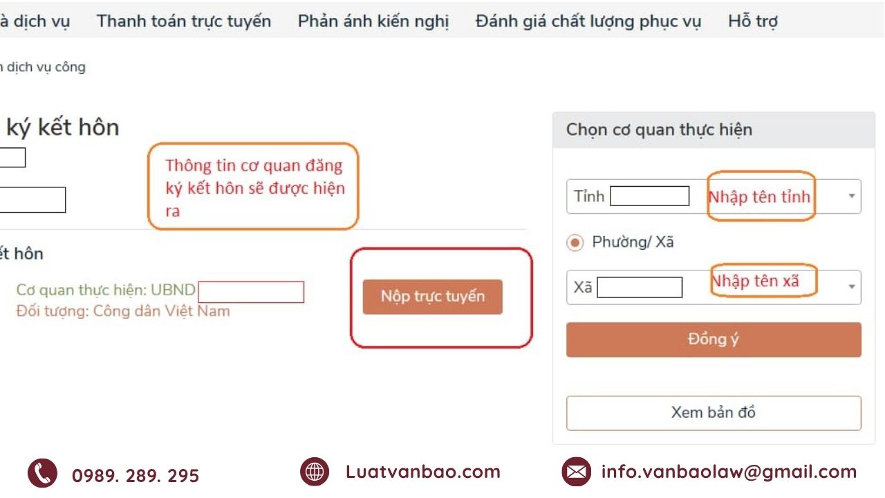 Tìm kiếm thủ tục đăng ký kết hôn và lựa chọn cơ quan thực hiện.